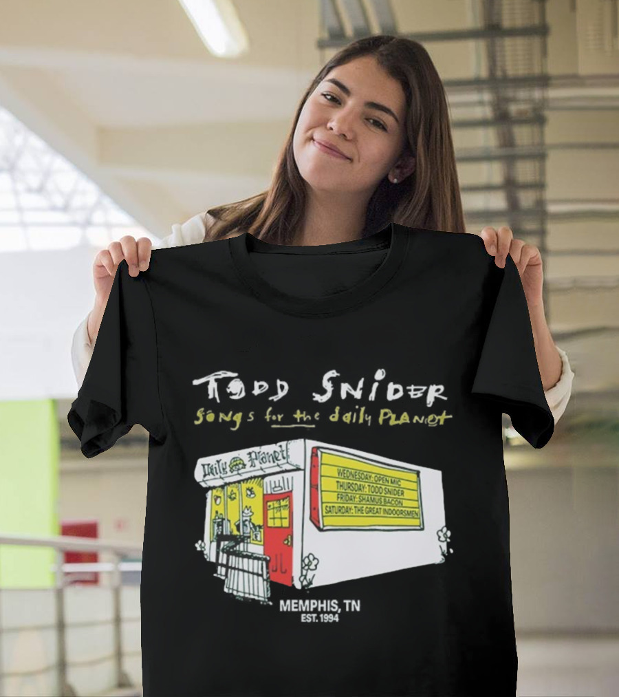 Todd Snider Songs For The Daily Planet Memphis TN Established 1994 Open Mic Shamus Bacon The Great Indoorsmen T-Shirt