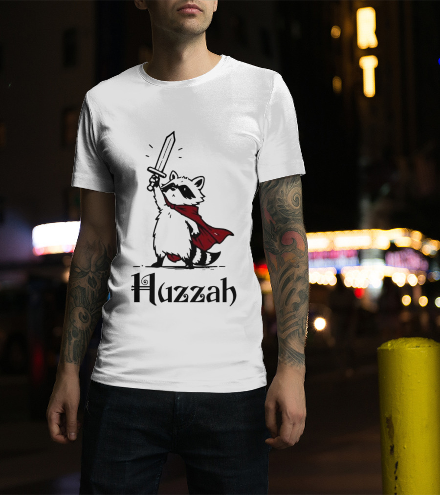 Raccoon Warrior Huzzah Red Cape Sword Heroic Pose T-Shirt