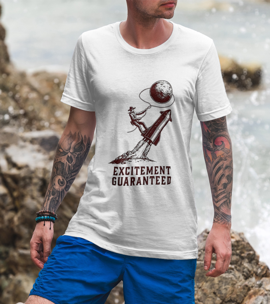 Excitement Guaranteed Cowboy Riding Rocket Lassoing Moon T-Shirt
