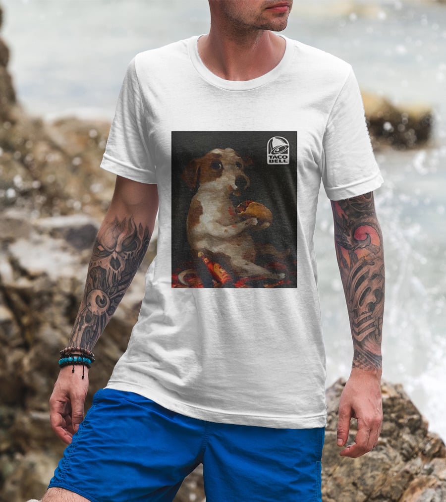 Dog With Taco Bell Burrito And Hot Sauce Funny Meme T-Shirt