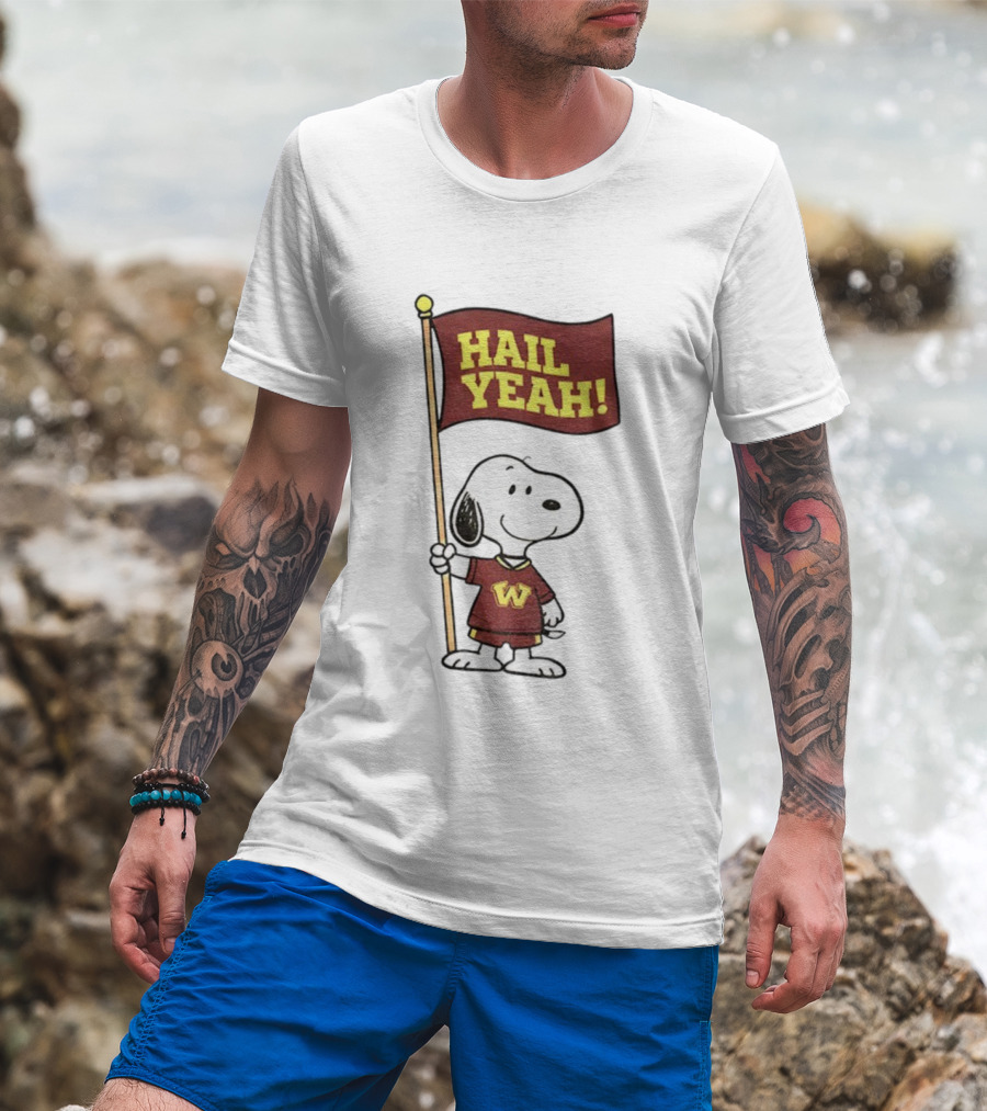 Snoopy Holding Hail Yeah Washington Commanders Flag Football Cartoon T-Shirt