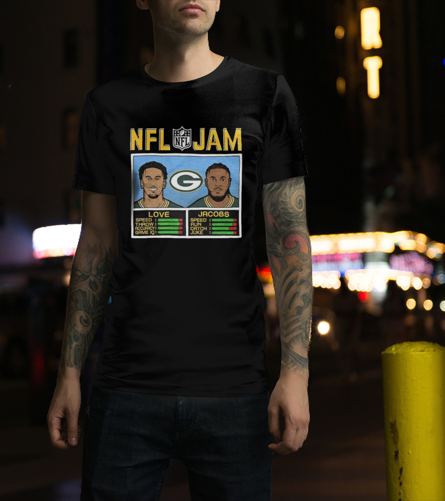 NFL Jam Jordan Love Josh Jacobs Green Bay Packers Video Game Style T-Shirt