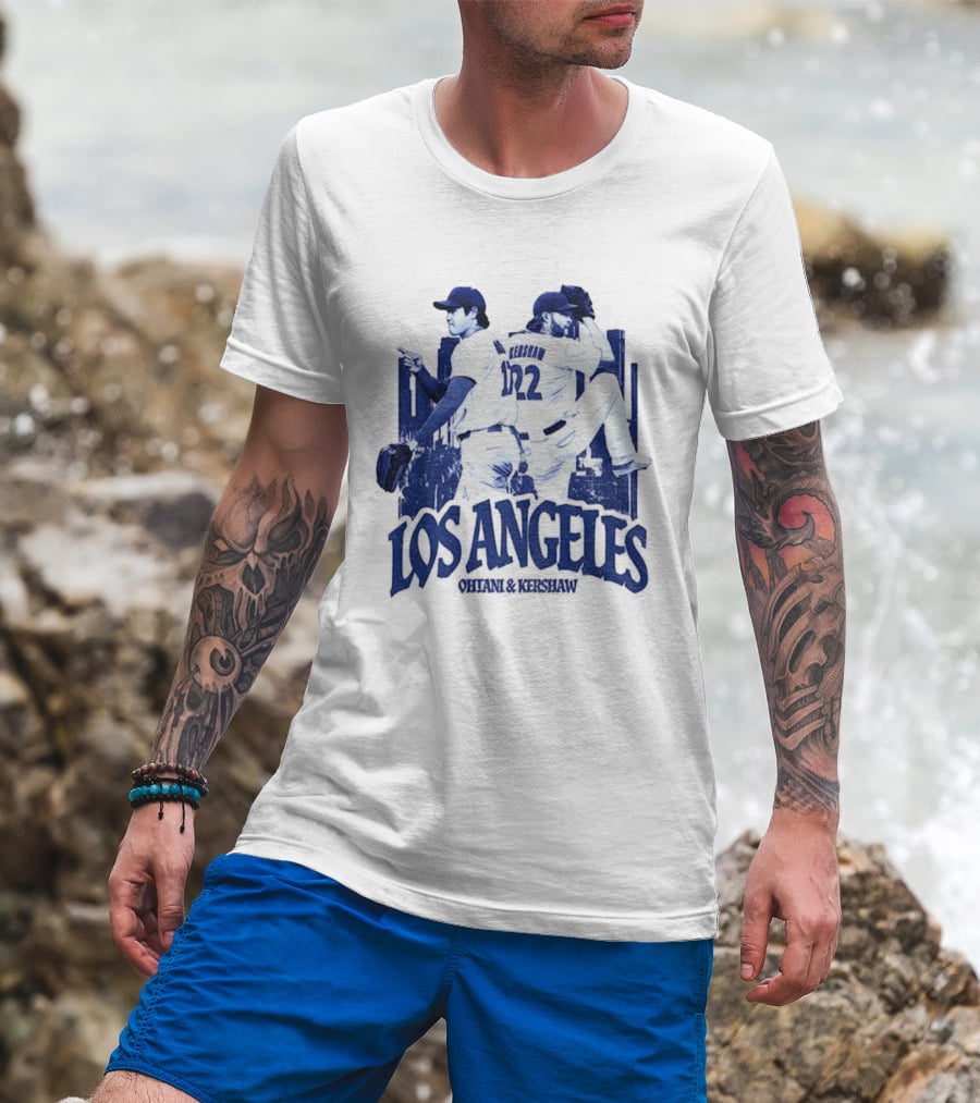 Los Angeles Dodgers Shohei Ohtani Clayton Kershaw City Skyline MLB Baseball Vintage T-Shirt