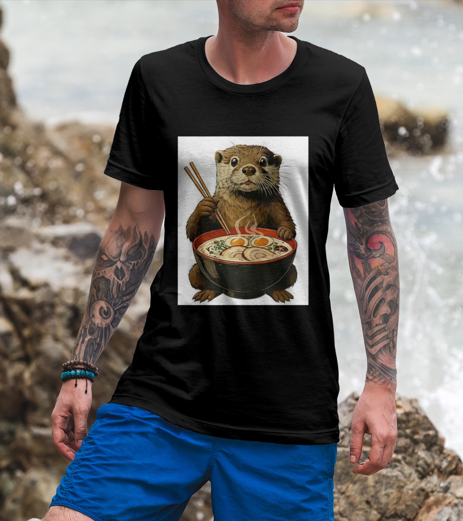 Cute Otter Enjoying Steaming Ramen With Chopsticks Illustration T-Shirt