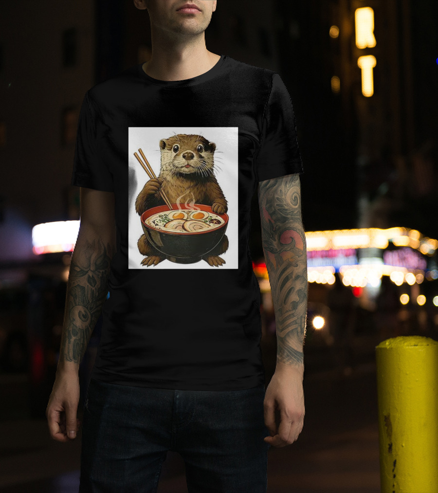 Cute Otter Enjoying Steaming Ramen With Chopsticks Illustration T-Shirt