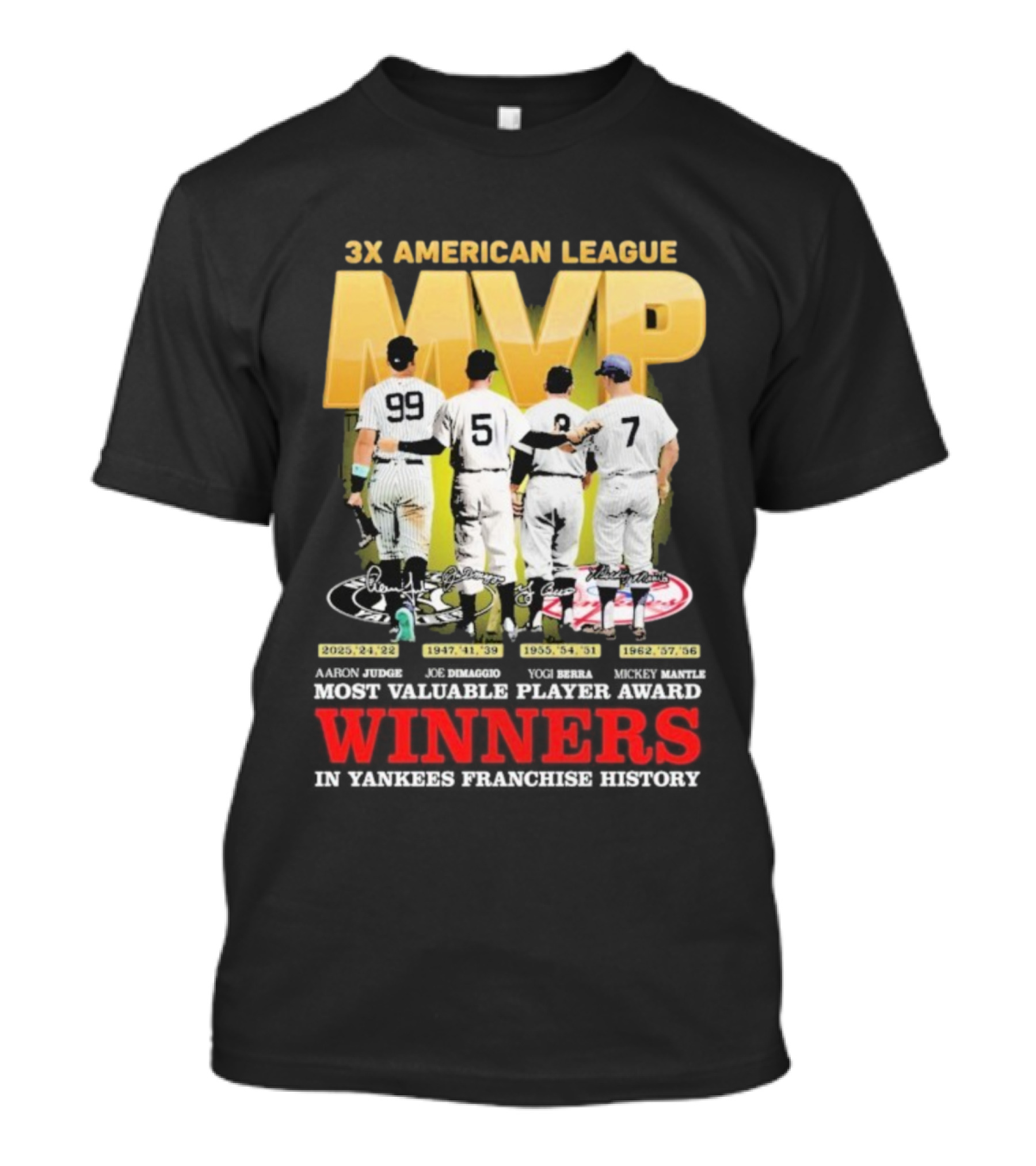 3X American League MVP Aaron Judge Roger Maris Yogi Berra Mickey Mantle Joe Dimaggio New York Yankees Franchise History Winners T-Shirt