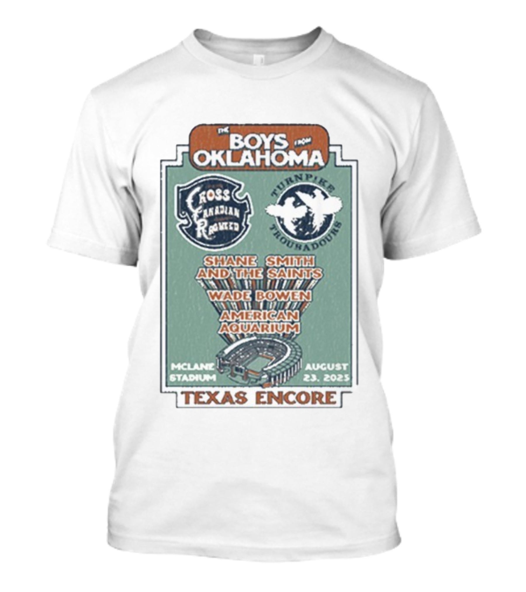 The Boys From Oklahoma Cross Canadian Ragweed Turnpike Troubadours Shane Smith And The Saints Waco McLane Stadium August 23 2025 Texas Encore T-Shirt