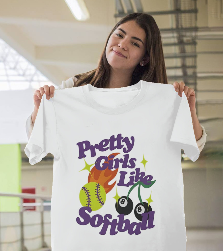 Pretty Girls Like Softball Flaming Ball And Billiard Cherry T-Shirt