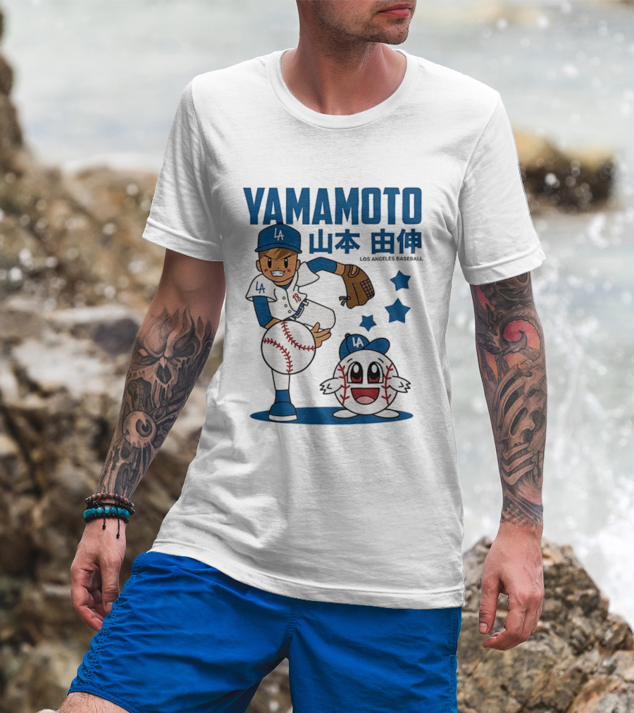 Yamamoto Los Angeles Dodgers Cartoon With Baseball Character And Stars T-Shirt