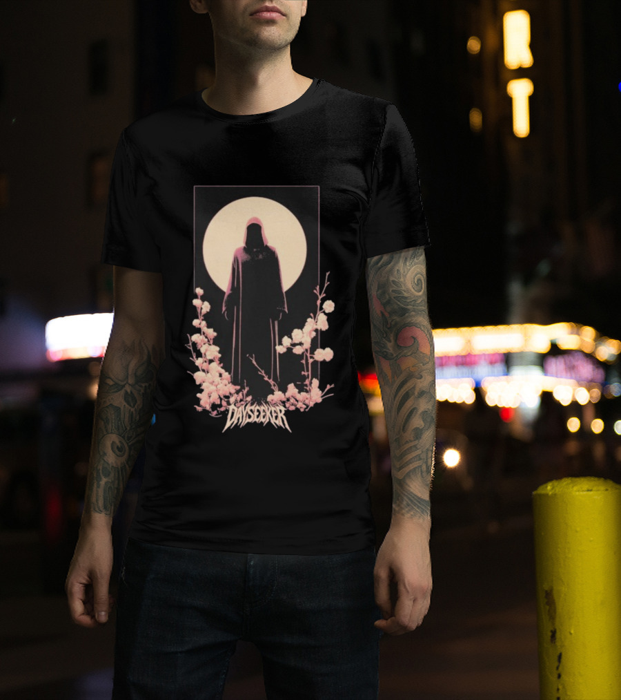 Dayseeker The Living Dead Hooded Figure With Full Moon And Flowers T-Shirt