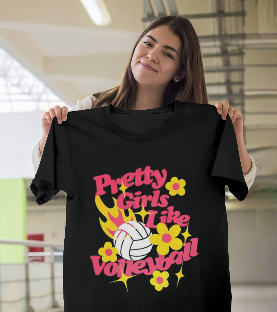 Pretty Girls Like Volleyball Flowers Yellow Pink Volleyball Floral Design T-Shirt