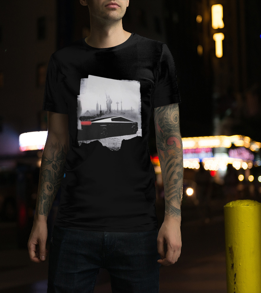 Tesla Cybertruck With Global Landmark Skyline T-Shirt