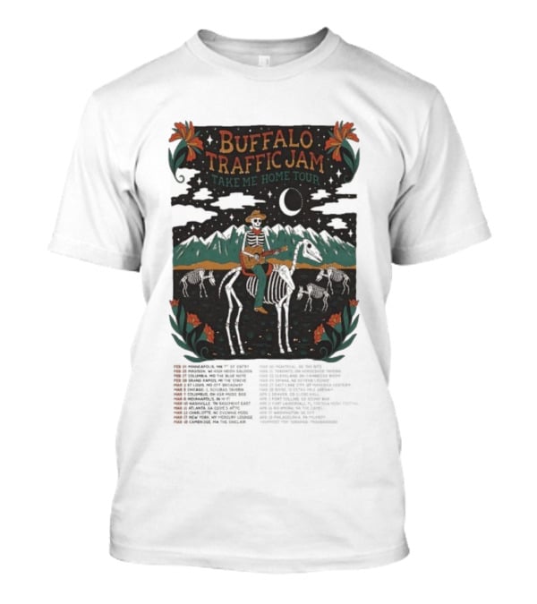 Buffalo Traffic Jam Take Me Home Tour 2026 Dates Skeleton Cowboy Riding Horse Moonlit Desert Scene T-Shirt