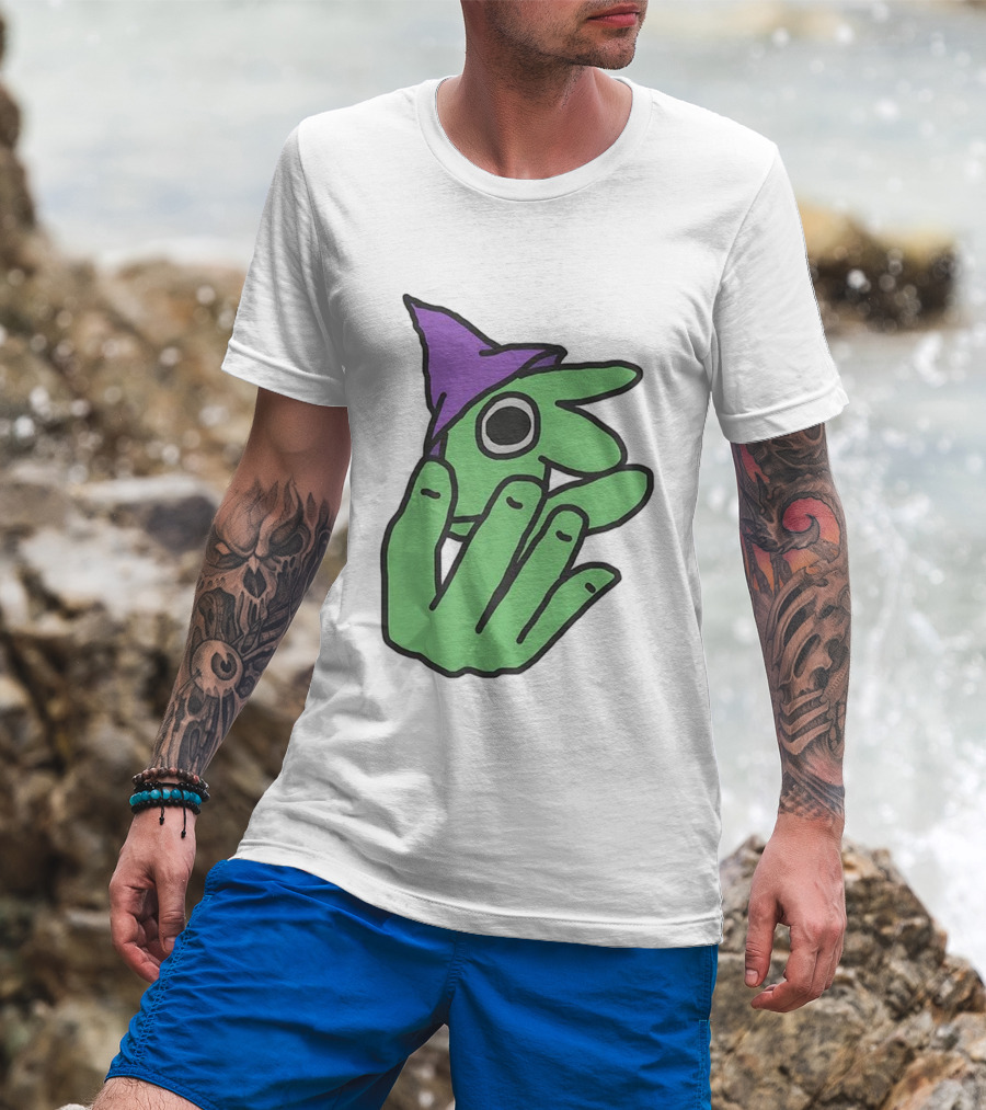 Glep Smiling Friends Character With Green Hand And Purple Hat T-Shirt