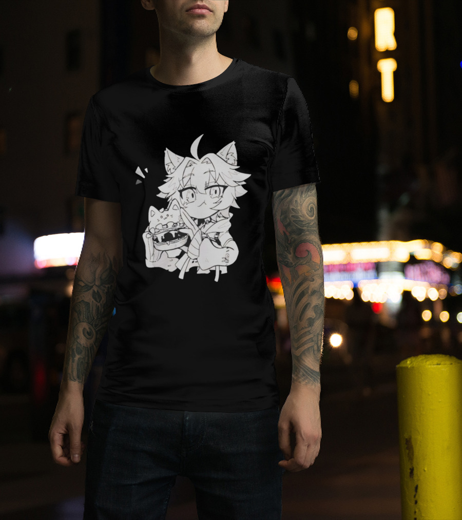 Genshin Impact Cat-Eared Character With Cat Burger Anime Illustration T-Shirt