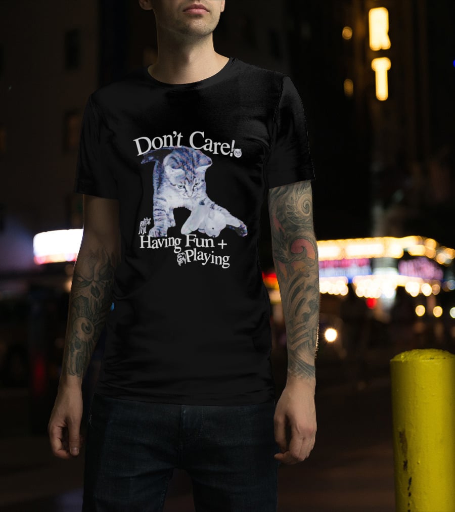 Don't Care Cat Having Fun Playing With Dog T-Shirt