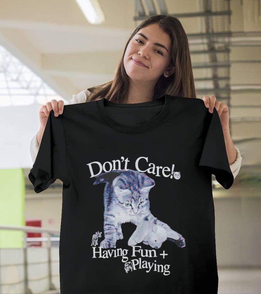 Don't Care Cat Having Fun Playing With Dog T-Shirt