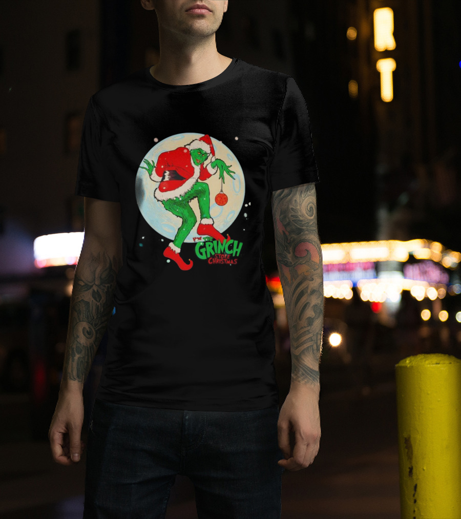 How The Grinch Stole Christmas Moon Scene With Ornament And Santa Suit T-Shirt