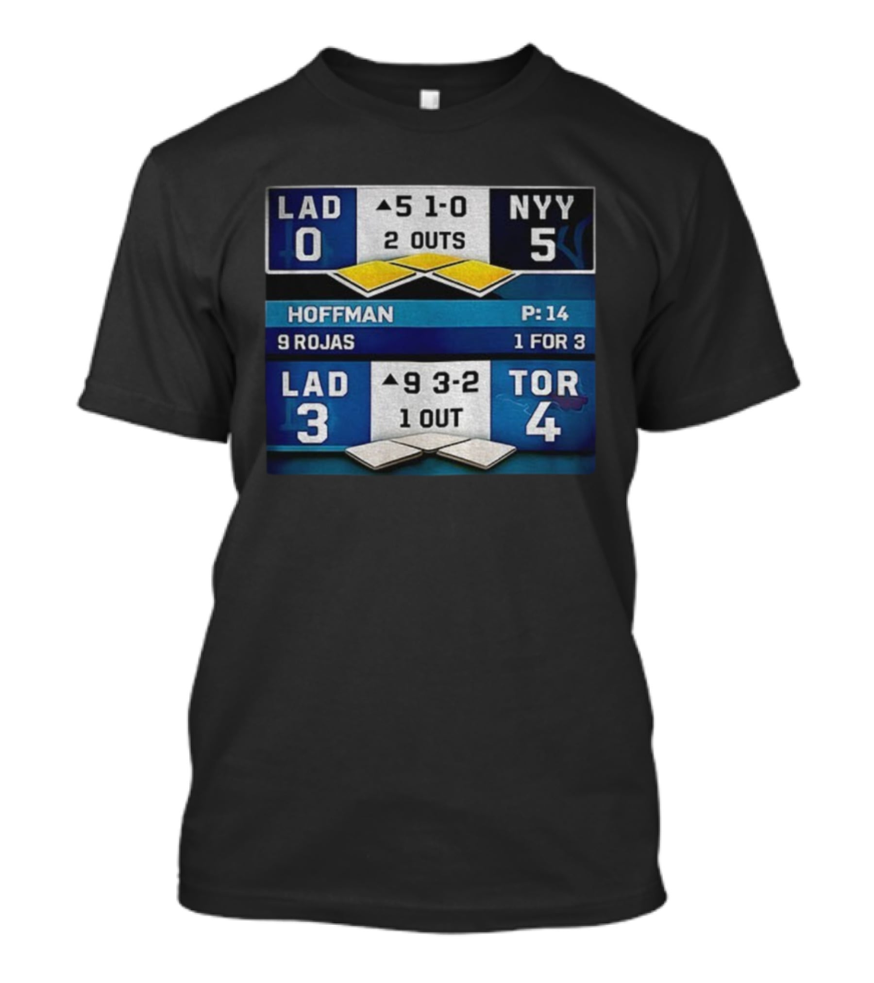 NY Yankees Defeat LA Dodgers 5-0 Toronto Blue Jays 4-3 Back To Back Championship 2025 Scoreboard Hoffman Rojas T-Shirt