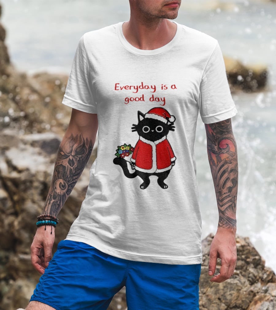 Everyday Is A Good Day Black Cat Santa Merry Christmas T-Shirt