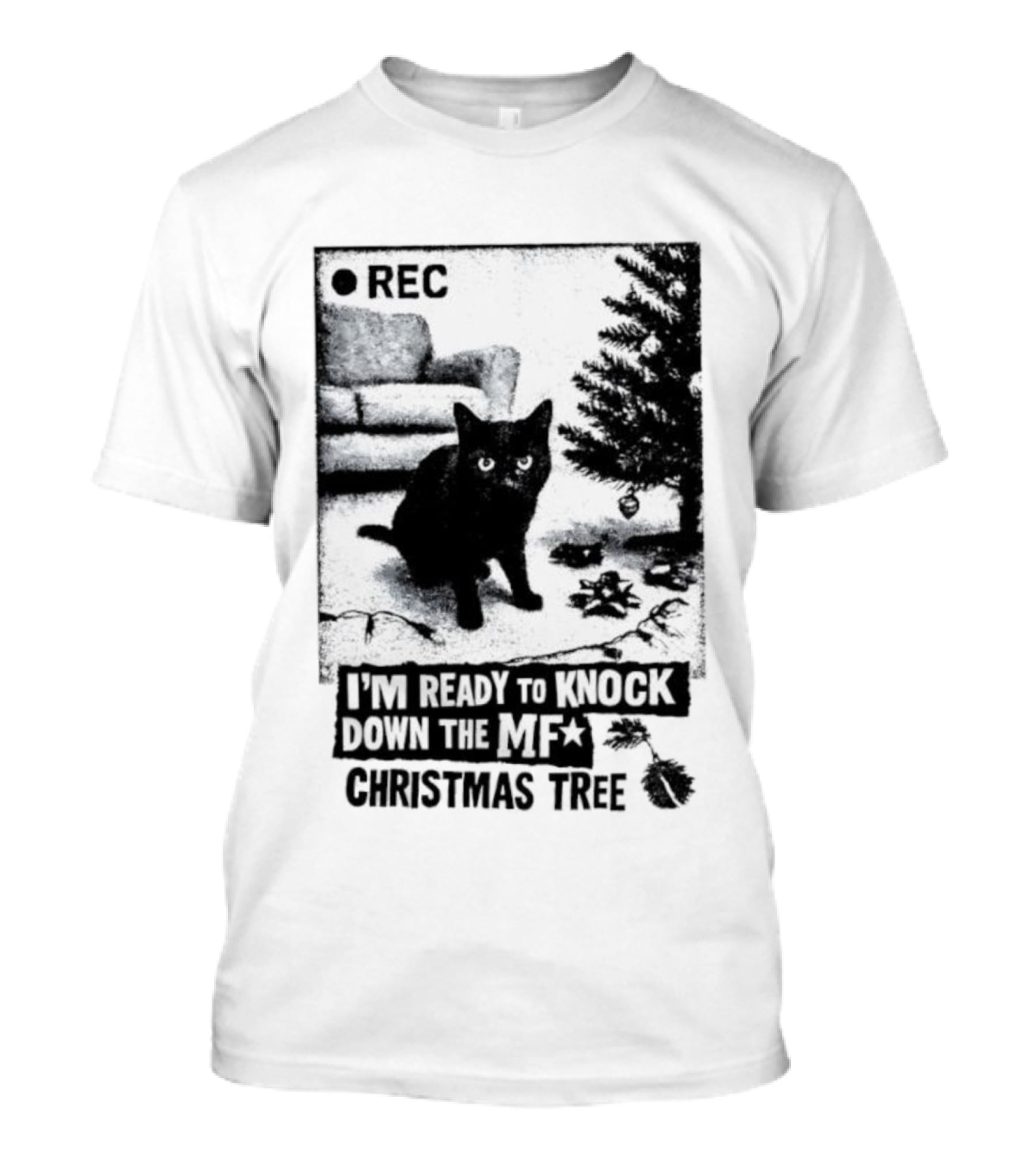 REC Black Cat Ready To Knock Down The MF Christmas Tree T-Shirt