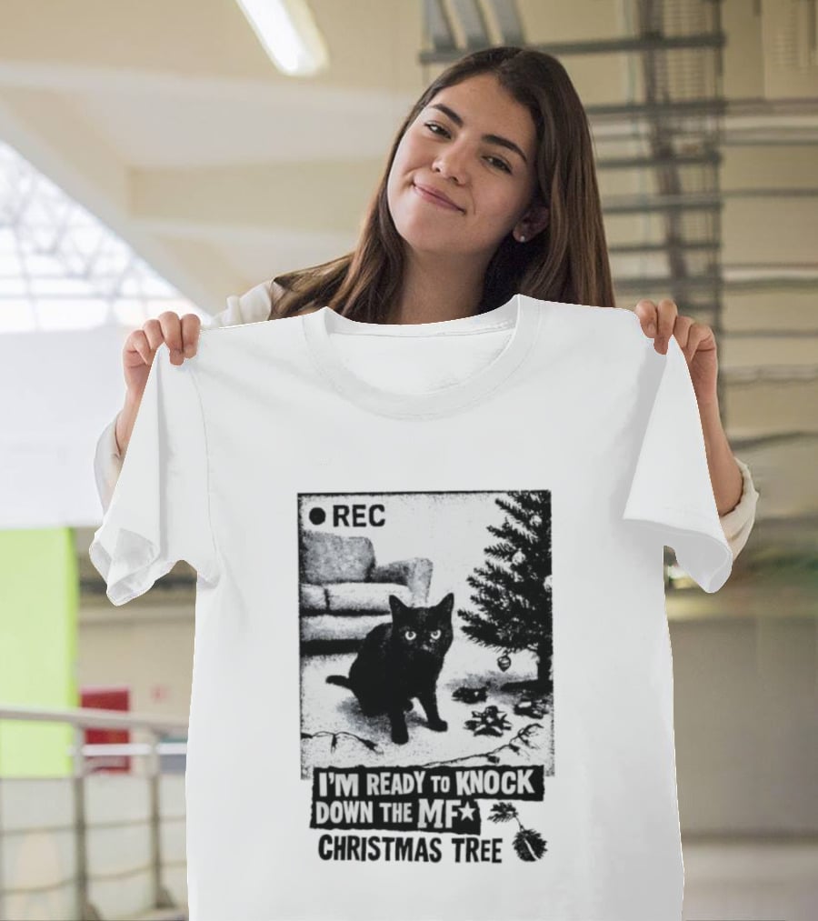 REC Black Cat Ready To Knock Down The MF Christmas Tree T-Shirt