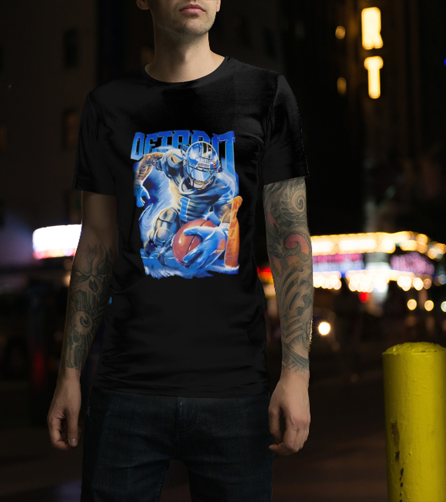 Detroit Football Player Blue Burst Action Art T-Shirt