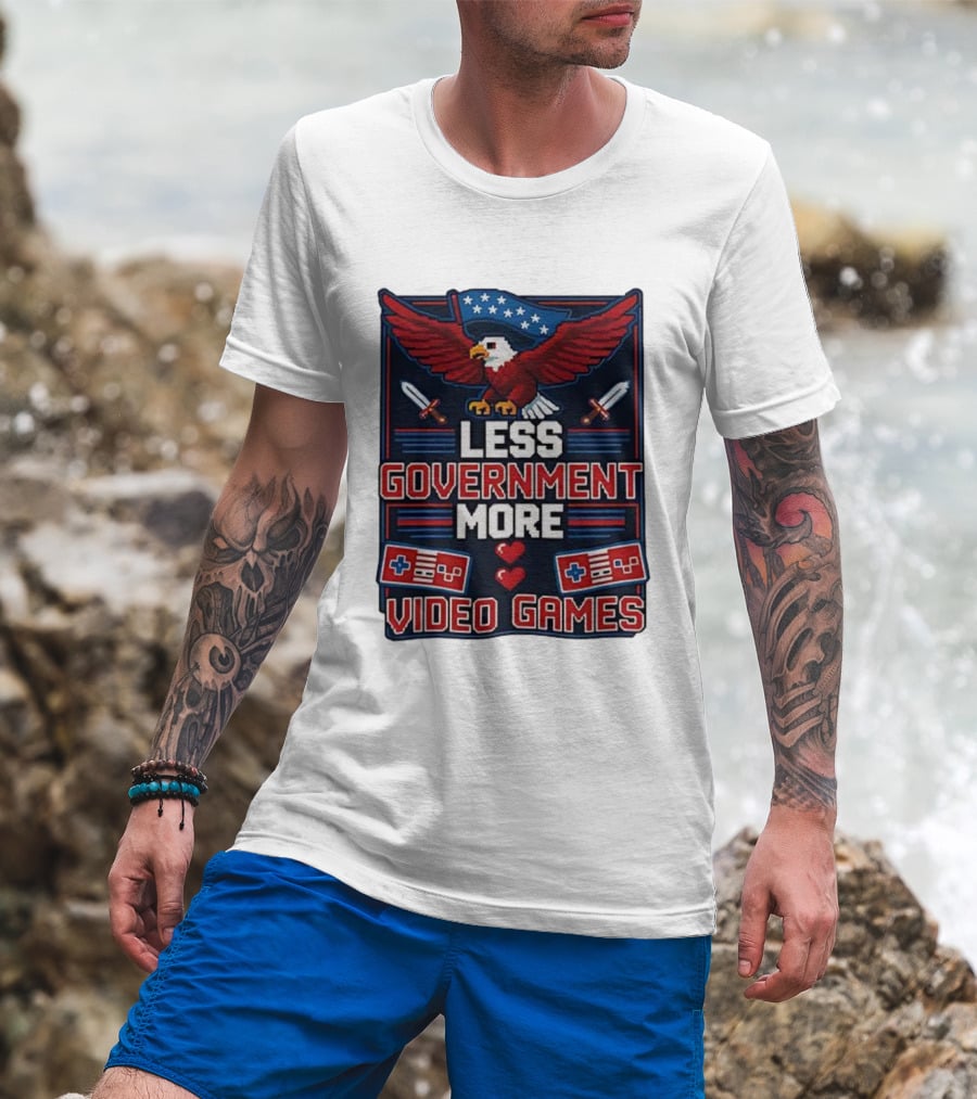 Less Government More Video Games Eagle Patriot Swords Retro Controllers T-Shirt