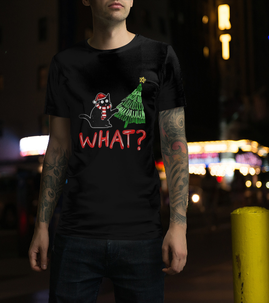 Black Cat What Christmas Tree Santa Hat Scarf T-Shirt