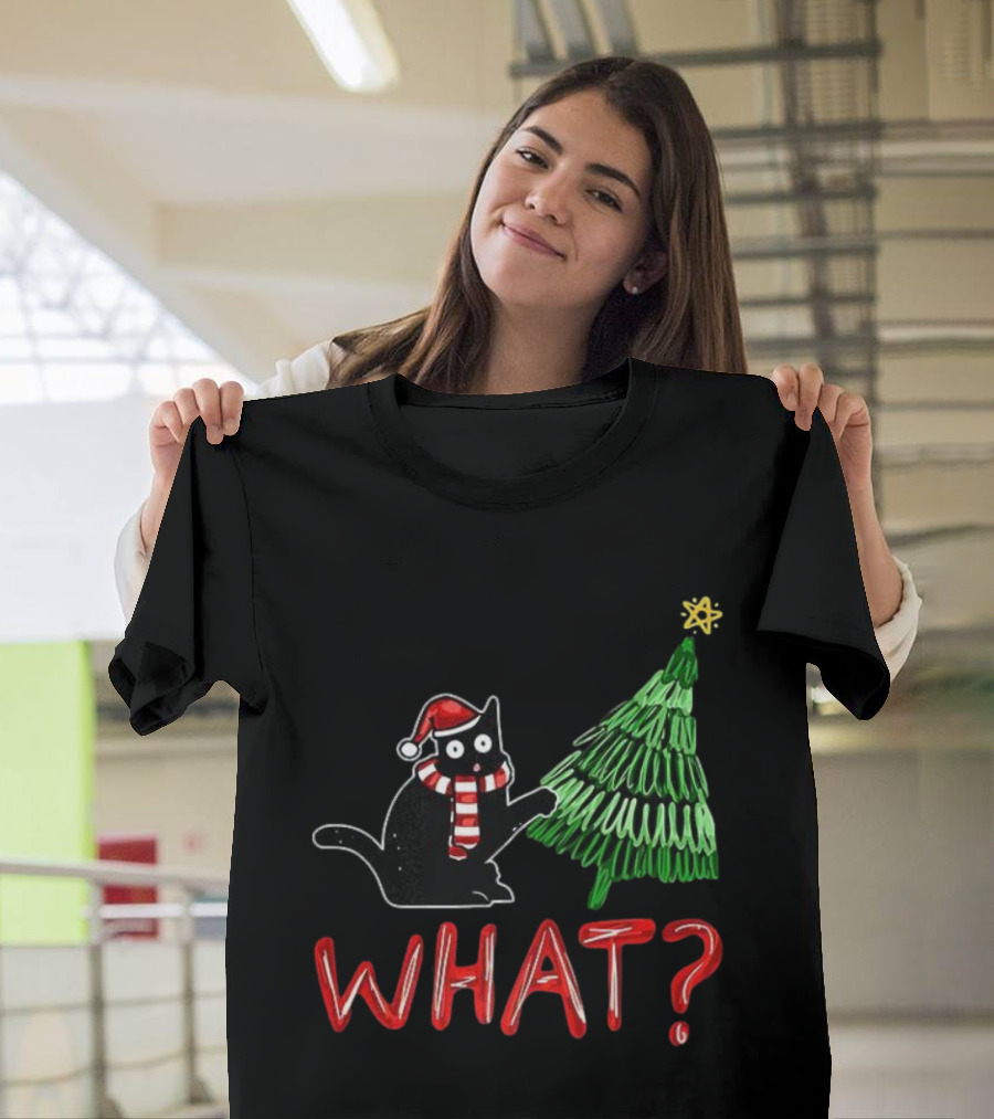Black Cat What Christmas Tree Santa Hat Scarf T-Shirt