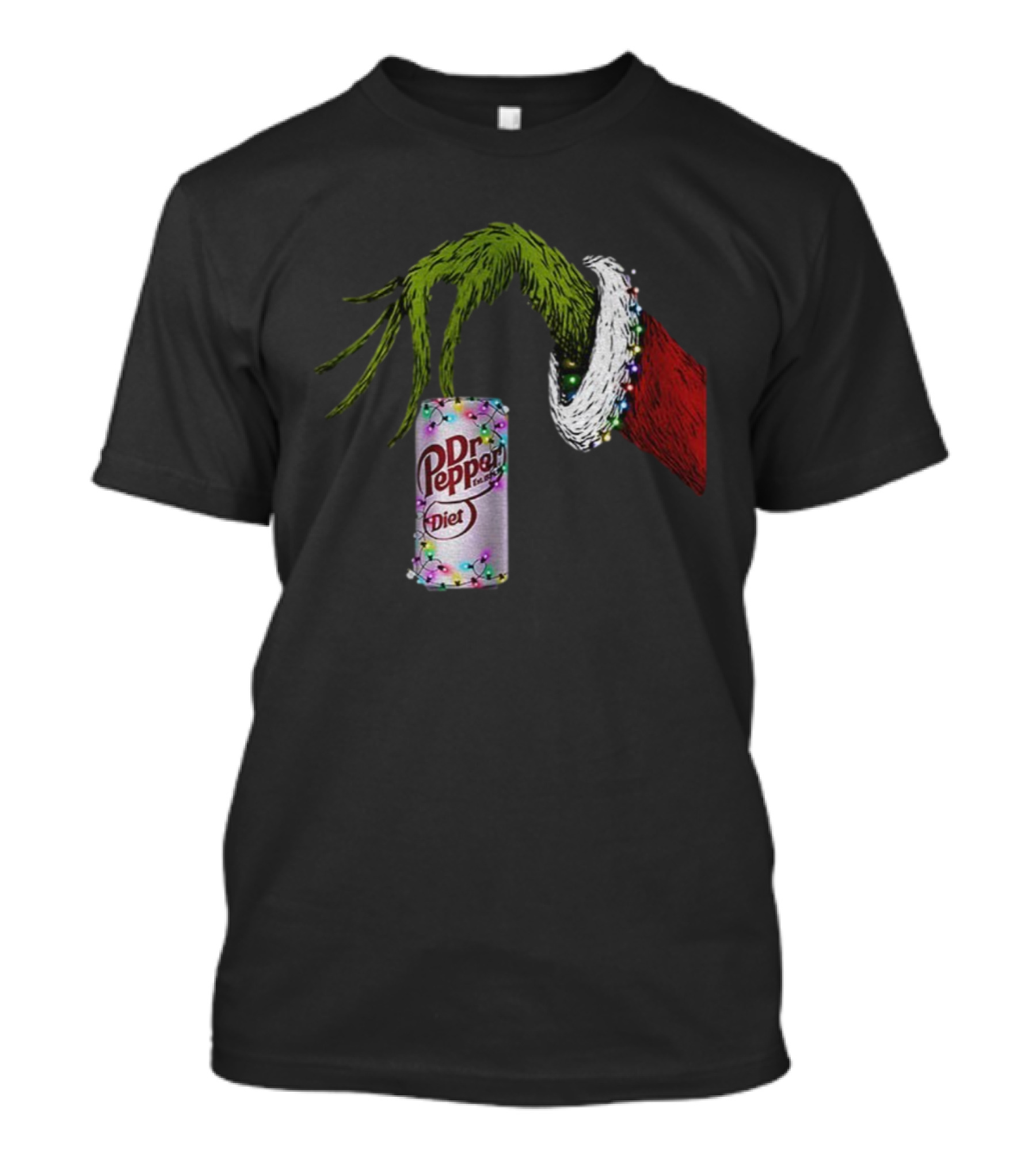 Grinch Hand Holding Dr Pepper Diet Can Christmas Lights Merry Christmas T-Shirt