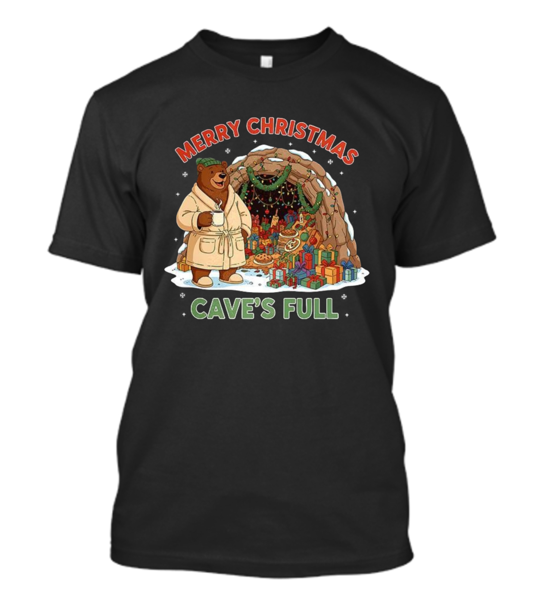 Merry Christmas Bear In Cozy Cave Filled With Gifts T-Shirt