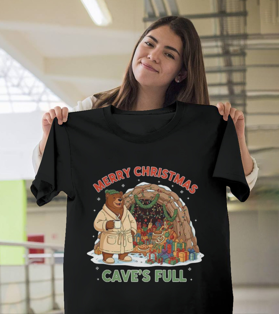 Merry Christmas Bear In Cozy Cave Filled With Gifts T-Shirt