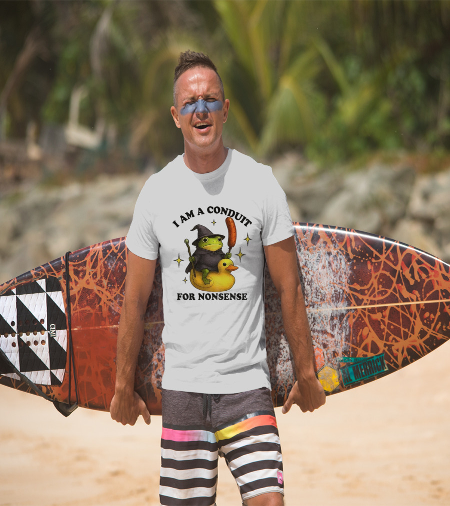 I Am A Conduit For Nonsense Frog On Rubber Duck With Wizard Hat And Sausage Wand T-Shirt