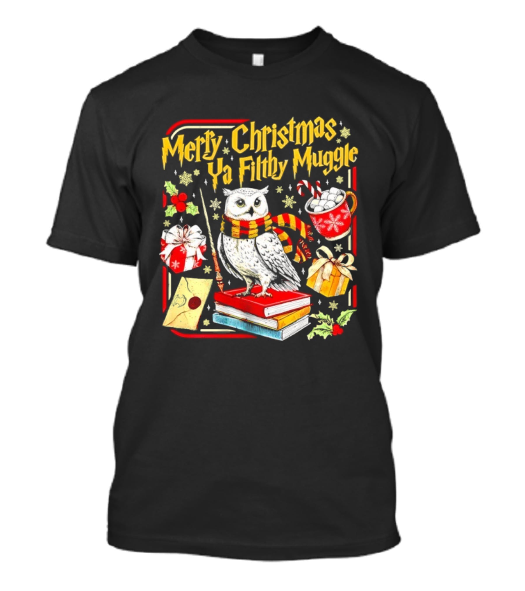 Merry Christmas Ya Filthy Gle Hedwig Owl Scarf Books Wand Letter Candy Cane Cup Gift T-Shirt