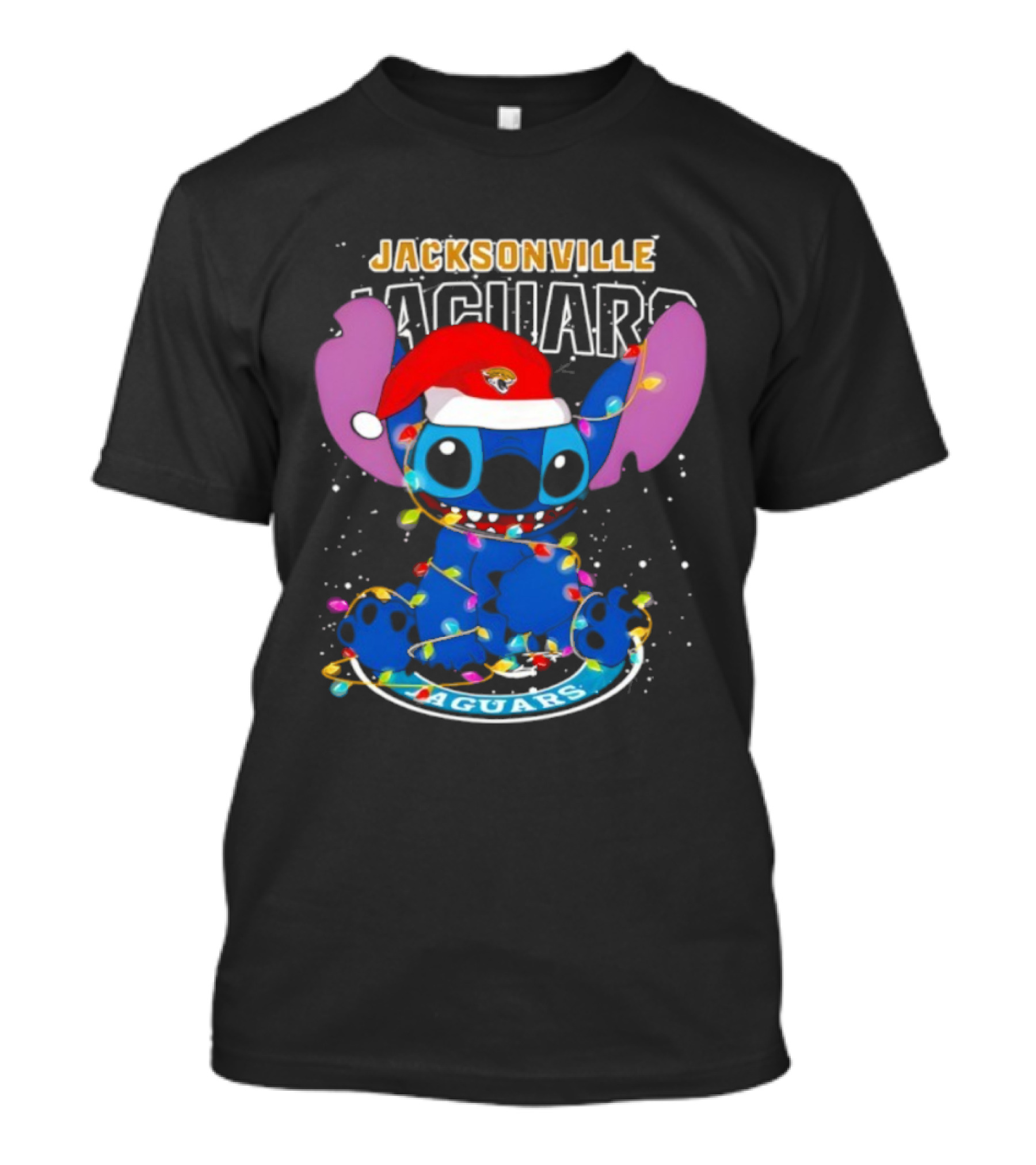 Jacksonville Jaguars Noel Christmas Stitch With Festive Lights And Santa Hat T-Shirt