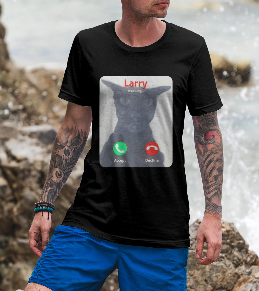 Larry Is Calling Accept Decline Black Cat Face Meme T-Shirt