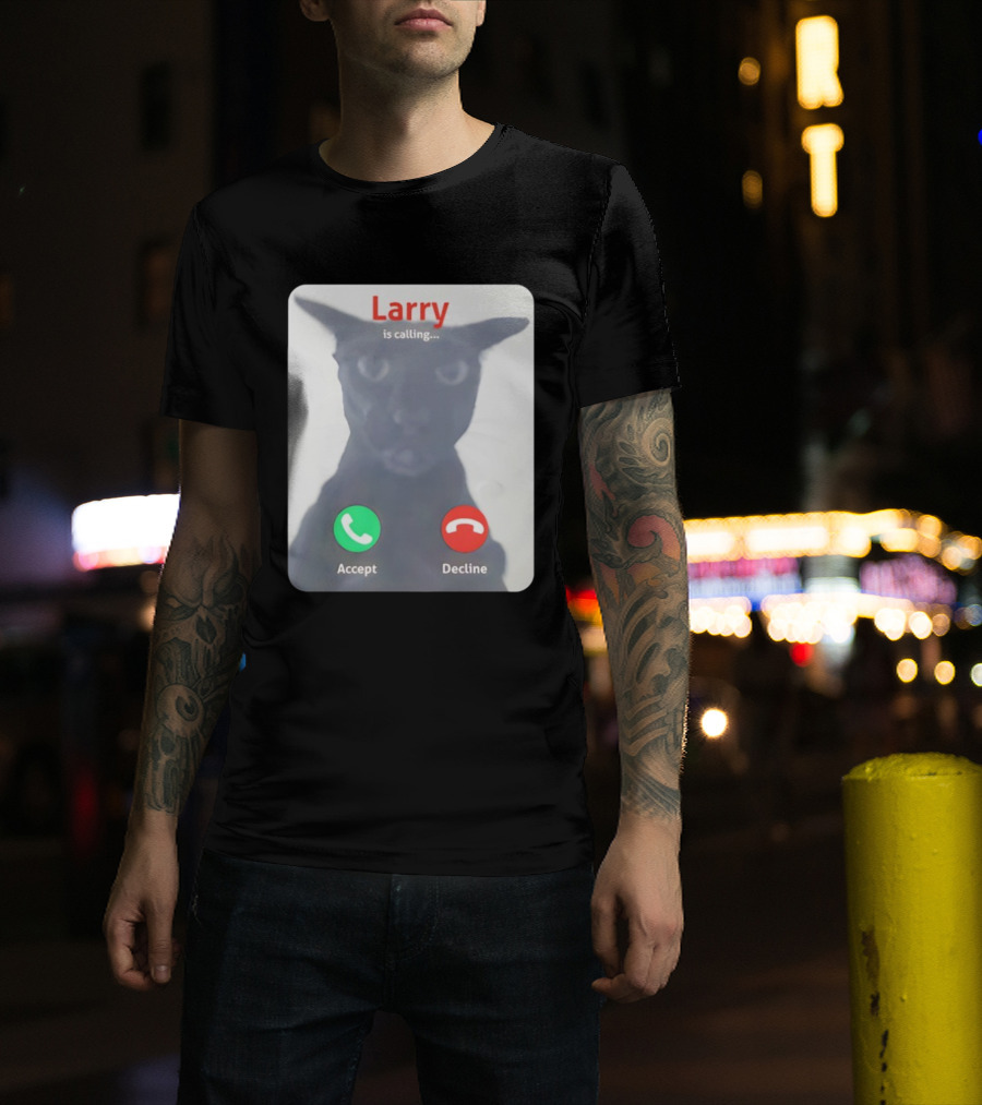 Larry Is Calling Accept Decline Black Cat Face Meme T-Shirt