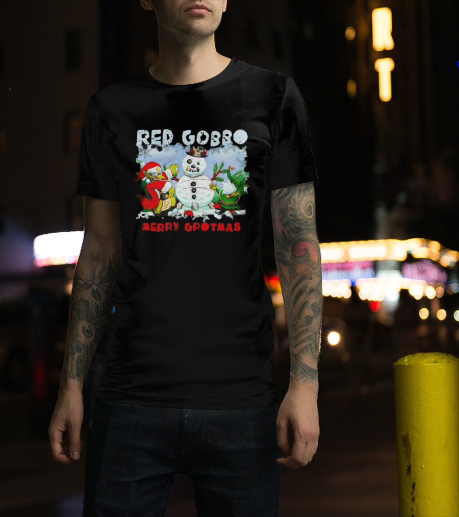 Red Gobbo Merry Grotmas Snowman Scene With Goblins Holiday Cheer T-Shirt