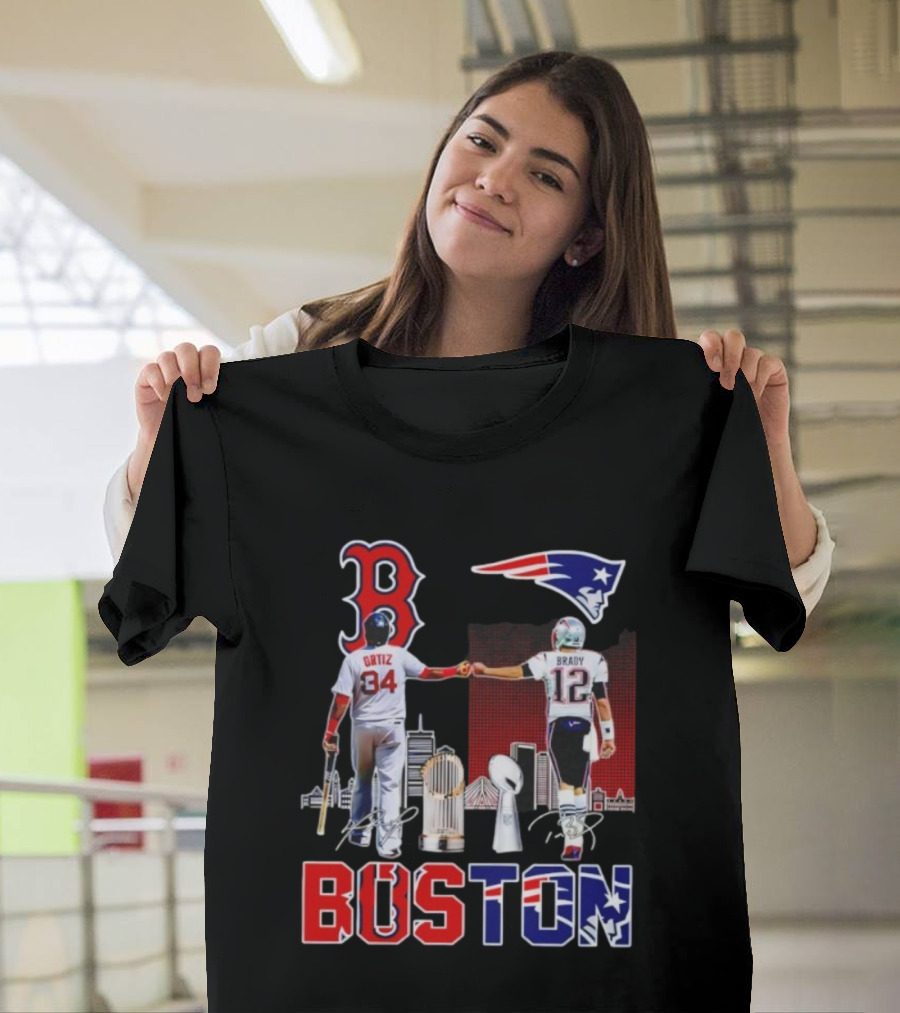 Boston Sports Ortiz Brady Signatures Patriots Red Sox Champions T-Shirt