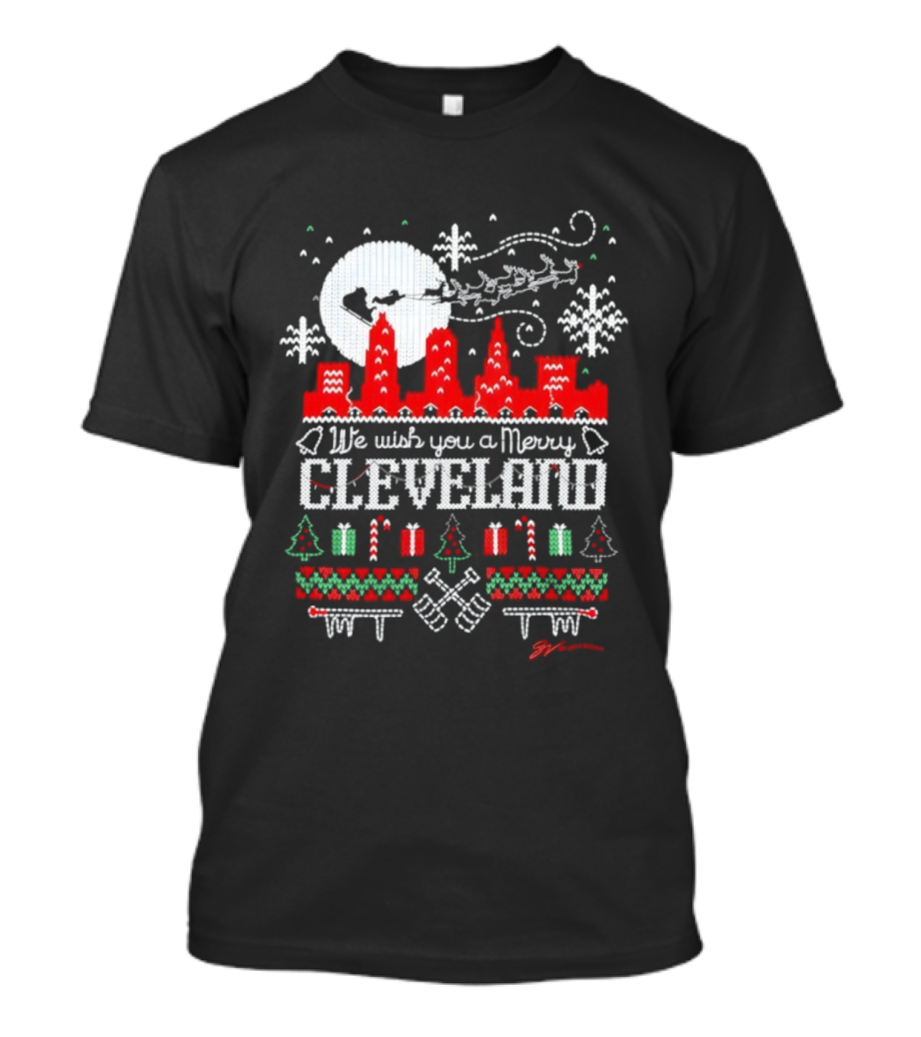 We Wish You A Merry Cleveland Christmas Skyline Santa And Gifts T-Shirt