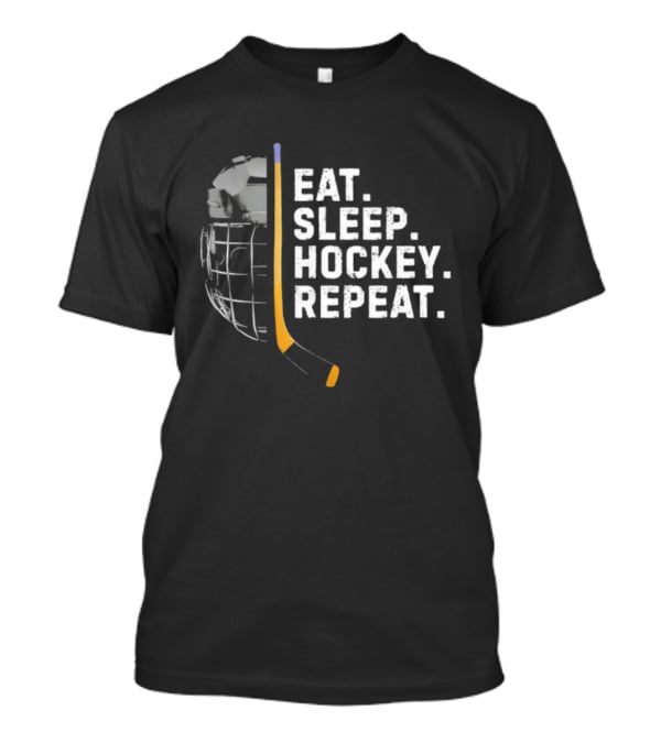 Eat Sleep Hockey Repeat Funny Cool Hockey Player Stick And Goalie Mask T-Shirt