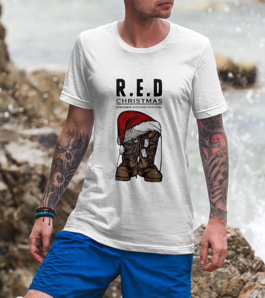Red Christmas Santa Hat Boots Remember Everyone Deployed T-Shirt