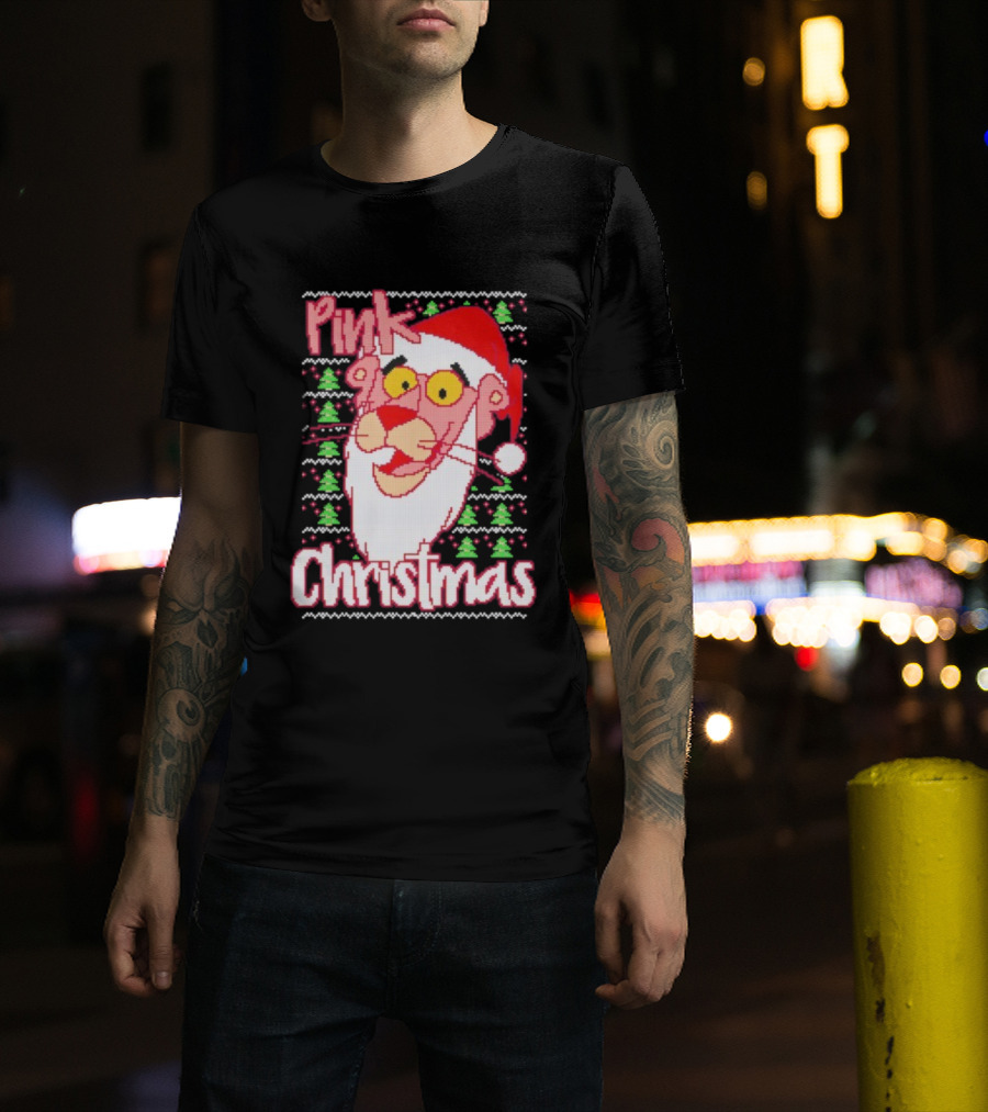 Pink Christmas Ugly Sweater Santa Hat Pink Panther T-Shirt