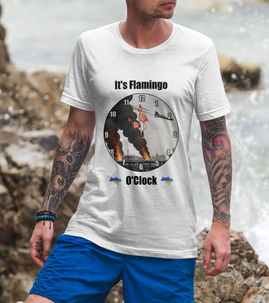 Flamingo O’clock Flamingos On Face With Plane And Fire Imagery T-Shirt