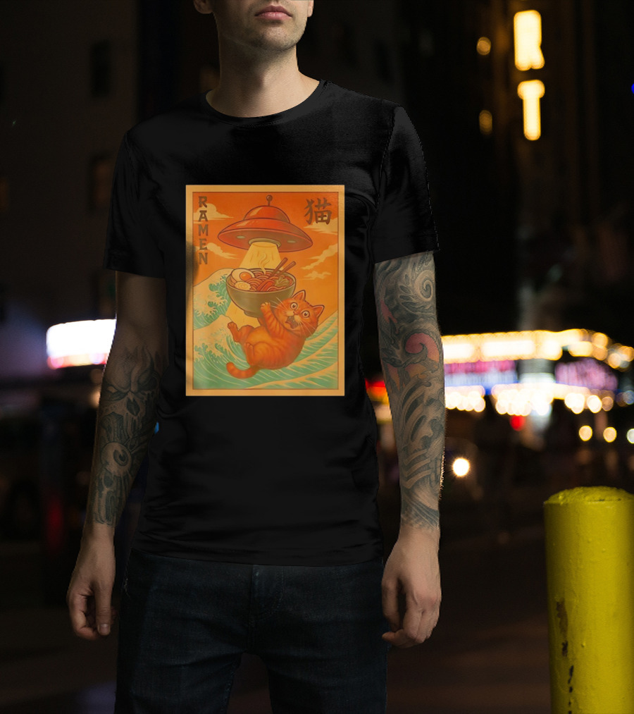 Ramen Cat UFO Funny Japanese Anime Retro Wave Scene T-Shirt