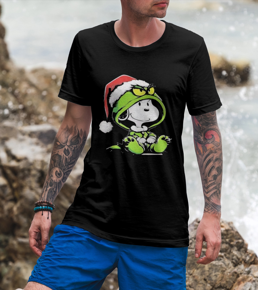 Snoopy Grinch Christmas Santa Hat Character Crossover T-Shirt