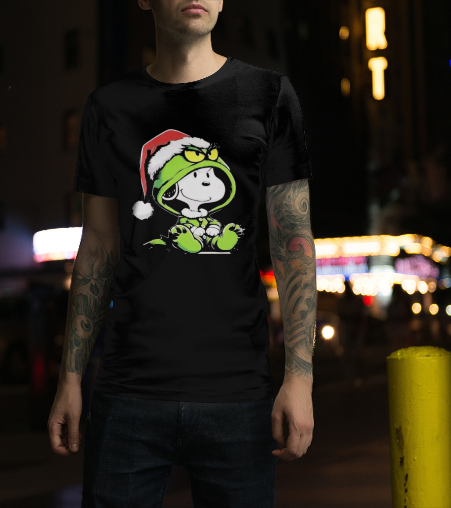 Snoopy Grinch Christmas Santa Hat Character Crossover T-Shirt