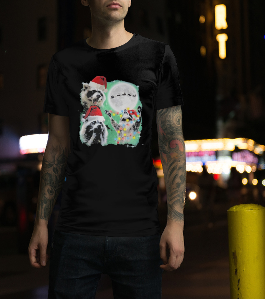 Three Raccoons Santa Hats Christmas Moon Lights Sleigh T-Shirt