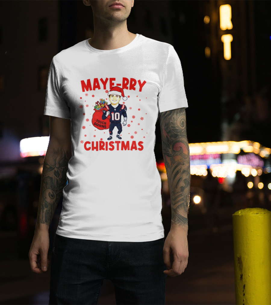 Maye-rry Christmas Drake Maye Santa Hat Touchdowns T-Shirt